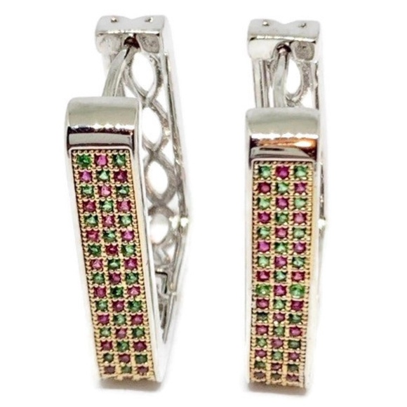 Roma Squares Cz Silver Plated Hoops Earrings - Picture 2 of 5